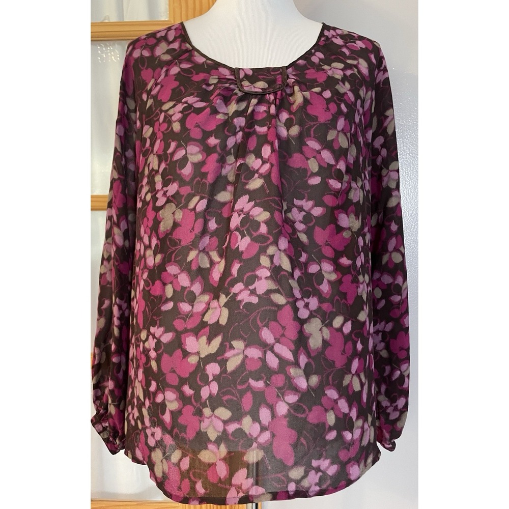 J Jill Silk Floral Peasant Blouse Sz LP Pink Burgundy Long Sleeve Boho Bloomcore